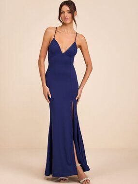 Lulus Ronelle Dark Blue Slinky Knit Lace-up Maxi Dress - Size M